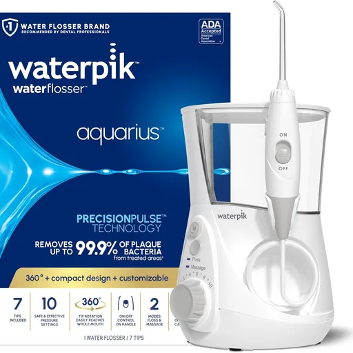 Waterpik Aquarius Countertop Water Flosser with 10 Settings, 7 Tips, White