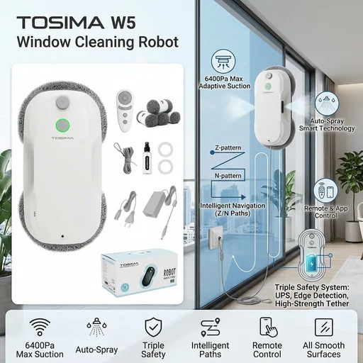 Tosima W5 Window Cleaning Robot, 6400Pa Max Adaptive Suction, Auto-Spray Smart Window Cleaner with Triple Safety System, Intelligent Navigation, Remote Control, for All Smooth Surfaces, White