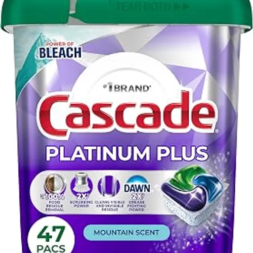 CascadePlatinum Plus Dishwasher Detergent Pods Dish Soap Mountain 47 Count | Removes up to 100% of grease and residue. Safe for pipes and dishwashers. No measur