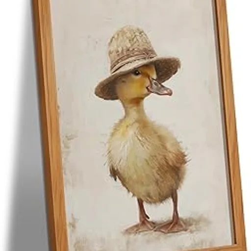 KHYEY Vintage Duckling with Straw Hat Wood Framed Canvas Wall Art