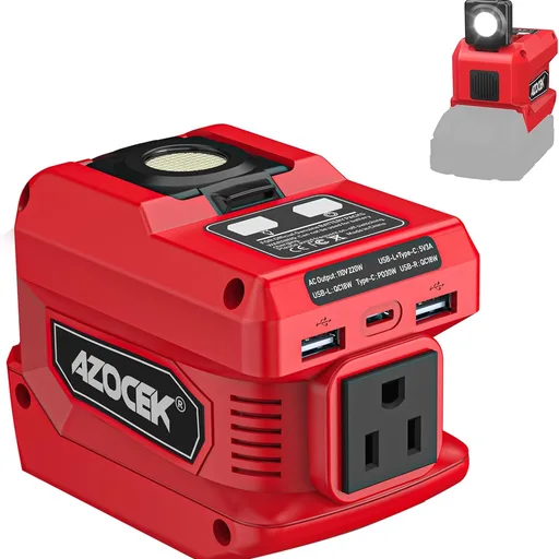 220W Azocek Power Inverter Compatible with Milwaukee 18V Battery, DC 18V to AC 110V Portable Power Station with 1 AC Outlet, 2 USB Ports & 1 Type-C Fast Charging, 400LM LED Work Light