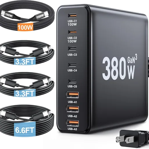 380W USB C Charger Block,with 4 USB Cables 8-Port USB C Charging Station Dual 100W Laptop Charger Fast Charger Type C Charging Block for MacBook Pro, Dell XPS, iPhone, iPad, Tablet (Bright Black)