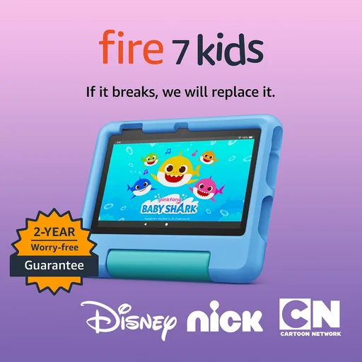 Amazon Fire 7 Kids tablet, ages 3-7. Top-selling 7" kids tablet on Amazon. Includes ad-free and exclusive content, easy parental controls, 10-hr battery, 16 GB,