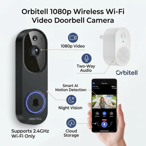 Orbitell 1080p Wireless Wi-Fi Video Doorbell Camera with Two Way Audio, Night Vision, Cloud Storage, Smart AI Motion Detection, Support 2.4GHz Wi-Fi only