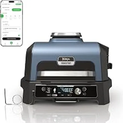 NinjaWoodfire ProConnect Premium XL BBQ Grill, 7-in-1, App Enabled, Blue | 180 sq in of cooking space with app-connected dual thermometers, and real wood-fired