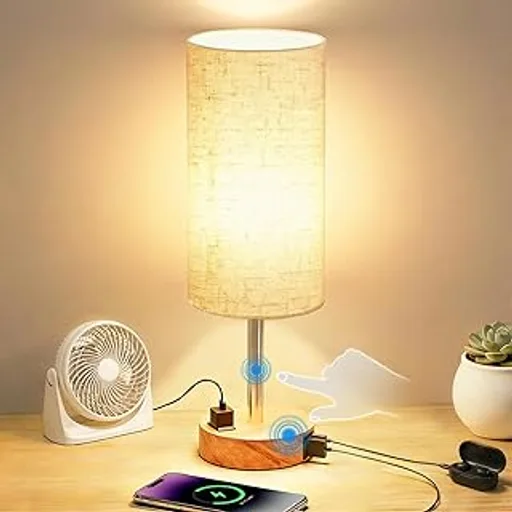Table Lamp for Bedroom, High-Sensitivity Touch, AC Outlet, USB A+C
