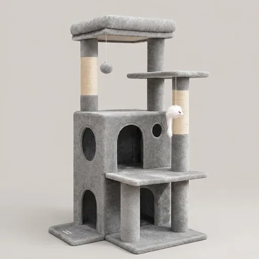 Globlazer Cat Tree Tower for Indoor Cats, 50-inch Adult Cat Tree House for Large Adult Cats with Steps, Scratching Post, 2 Cat Caves, Dangling Toys, FC50, Light Grey