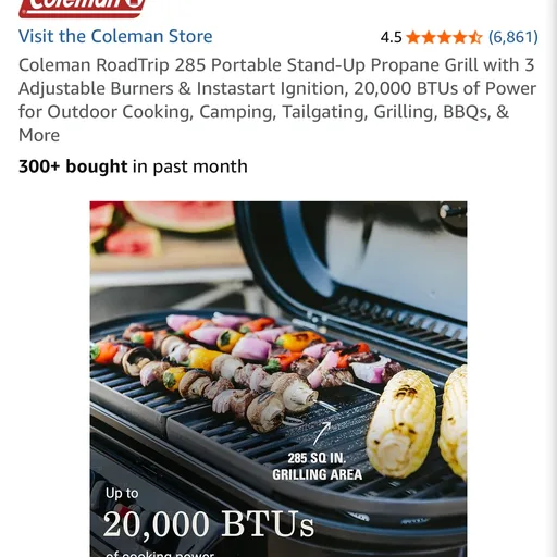 Coleman RoadTrip 285 Portable Stand-Up Propane Grill with 3 Adjustable Burners & Instastart Ignition, 20,000 BTUs of Power for Outdoor Cooking, Camping, Tailgating, Grilling, BBQs, & More