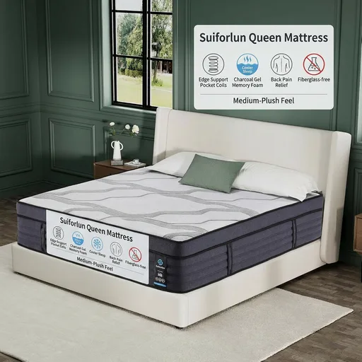 Suiforlun Queen Mattress, 15 Inch Hybrid Charcoal Gel Memory Foam Mattress with Edge Support Pocket Coils, Cooler Sleep, Back Pain Relief, Fiberglassfree Medium-Plush