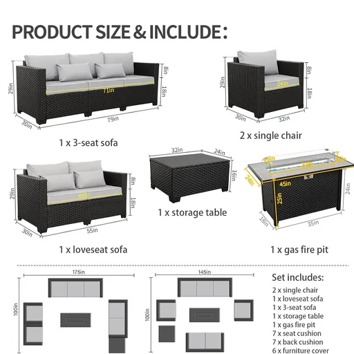 Rattaner Patio Furniture Set w/ 45" fire Pit, 6 pieces outdoor furniture set w/ patio set