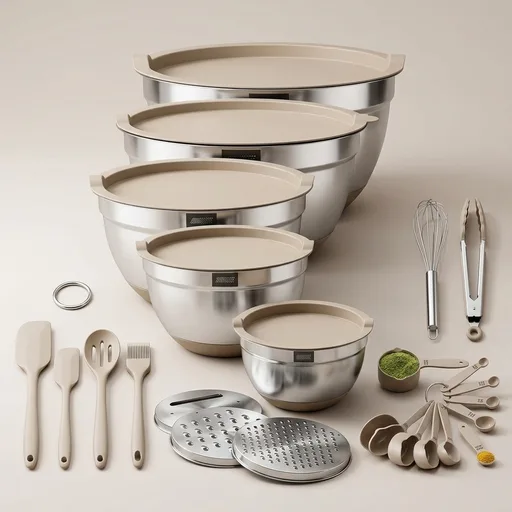 Mixing Bowls with Airtight Lids Set, 26PCS Stainless Steel Khaki Bowls with Grater Attachments, Non-Slip Bottoms & Kitchen Gadgets Set, Size 7, 4, 2.5, 2.0,1.5, 1QT, Great for Mixing & Serving