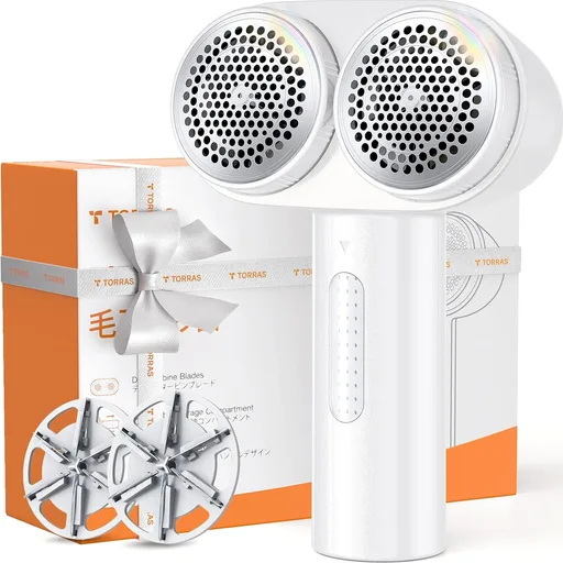 TORRAS Dual-Head Fabric Shaver, Longest Durability & 50ml Large Capacity Rechargeable Lint Removers to Remove Pills, 6-Leaf Blades Defuzzer, Electric Shaver for Clothes Couch Furniture, Pearl White