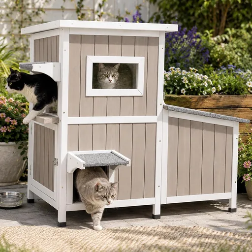 Outrdoor Cat House for 2-3 Cats Safe Outdoor Feral Cat Shelter Weatherproof Wooden Cat Houses with 3 Rooms 3 Escape Doors 2 Openable Asphalt Roofs
