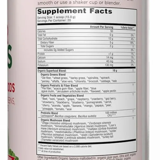 Country Farms Organic Super Greens Powder, Daily Greens Drink Mix with 50 Organic Superfoods, Fruits, Vegetables, Fiber, Mushrooms & Probiotics for Gut Health, Digestion & Energy, Berry Flavor
