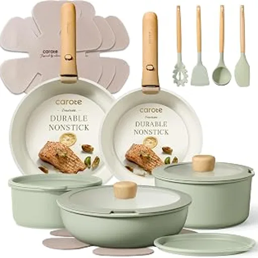 CAROTE 19pcs Pots and Pans Set Non Stick, Detachable Handle Cookware, Green