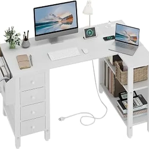 Lufeiya White L Shaped Computer Desk with Drawers & Storage Shelves, 47 Inch Corner Reversible Desk with Power Outlet for Home Office Bedroom, L-Shaped Teen PC