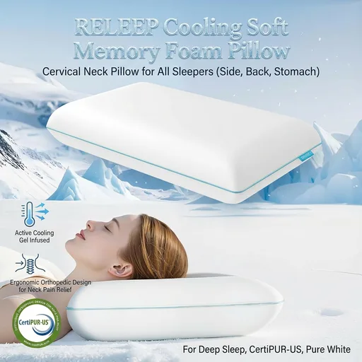 Releep Cooling Soft Memory Foam Pillow, Cervical Neck Pillow for Side Sleepers, Back & Stomach Sleepers, Ergonomic Orthopedic Design for Neck Pain Relief and Deep Sleep, CertiPUR-US, White