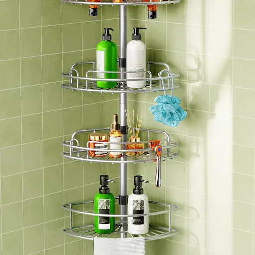 HAMITOR Corner Shower Caddy Tension Pole 4 Tier Rustproof Shampoo Organizer
