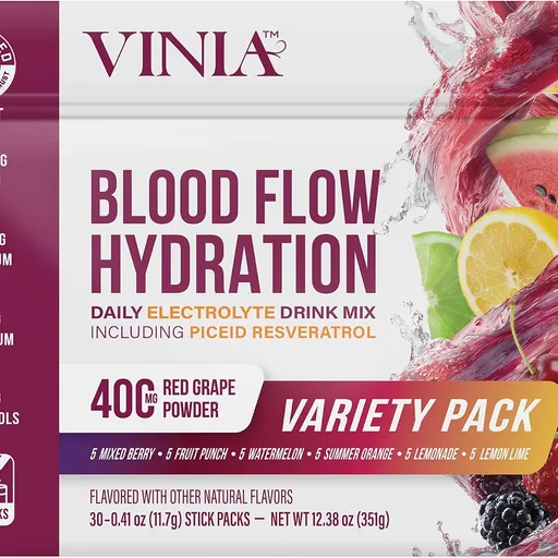 VINIA Blood Flow Electrolyte, Red Grape Piceid Resveratrol, 30 Stickpacks