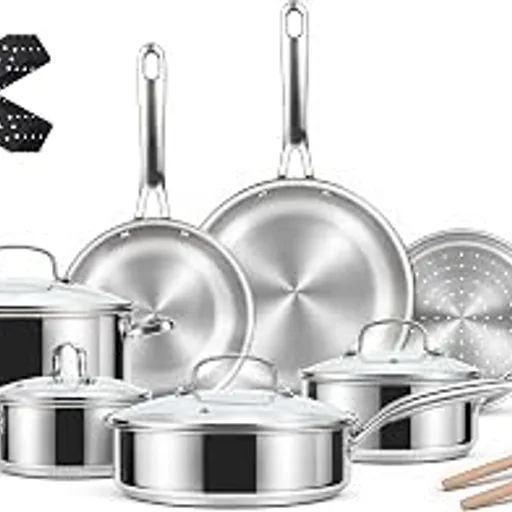 Ammeloo Stainless Steel Cookware Set,18Pcs Pots and Pans Set, Aluminum Core