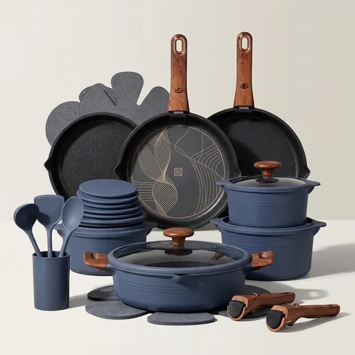 CAROTE 30-Piece Titanium Cookware Set, Nonstick Pots and Pans Set with Detachable Handle, RV Kitchen Cooking Set, Camping Use, Induction Compatible, Dishwasher & Oven Safe