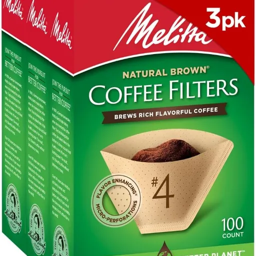 Melitta #4 Unbleached Coffee Filters, Premium, Natural Brown, Flavor Enhancing Coffee Filters for 8-12 Cup Coffee Makers, Kosher Certified, Compostable, 100 Count (Pack of 3)