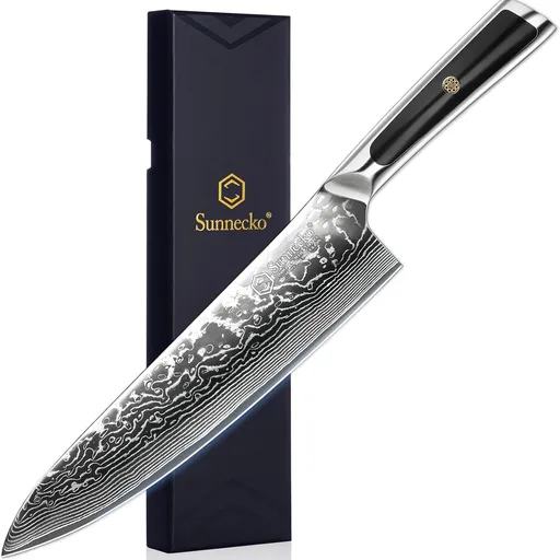 Sunnecko 8 Inch Japanese Damascus Chef Knife - Ultra Sharp 10-12 Degree Edge VG10 67 Layers Kitchen Cooking Knives for Meat, Vegetable & Fruit, Full Tang Forged Blade, Camping & BBQ Gift with Men