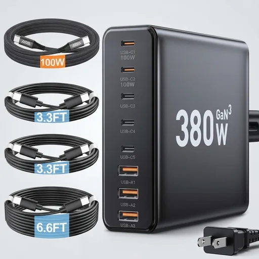 380W USB C Charger Block,with 4 USB Cables 8-Port USB C Charging Station Dual 100W Laptop Charger Fast Charger Type C Charging Block for MacBook Pro, Dell XPS, iPhone, iPad, Tablet (Bright Black)