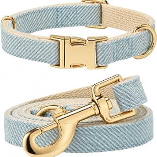Herringbone Tweed Dog Collar and Leash Set for Small Dogs, Light Blue