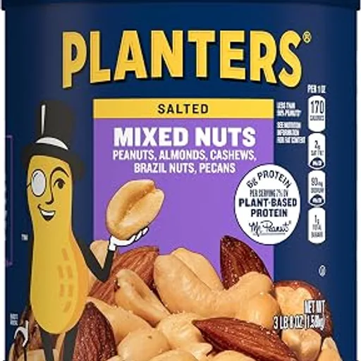 PLANTERSPLANTERS Mixed Nuts, Plant Based Protein, 56 Oz (1 Ct) | Salted Nuts: Almonds, Brazil Nuts, Cashews, Peanuts, Pecans. Snacks for Adults. Resealable Cani