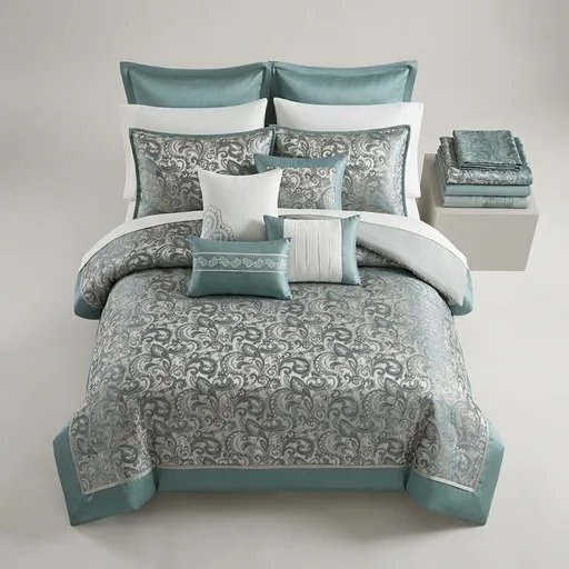Madison Park 24 Piece Faux Silk Paisley Queen Comforter Set with Matching Curtains, Down Alternative Hypoallergenic - Teal, Queen (90 in x 90 in)