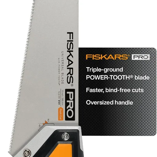Fiskars Pro Power Tooth Universal Hand Saw - 15" Blade and Safety Sheath - Carpenter Saw - Construction Tools - Orange/Black