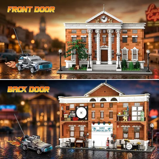 Future Clock House Building Blocks with Retro Sports Cars