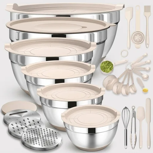 Mixing Bowls with Airtight Lids Set, 26PCS Stainless Steel Khaki Bowls with Grater Attachments, Non-Slip Bottoms & Kitchen Gadgets Set, Size 7, 4, 2.5, 2.0,1.5, 1QT, Great for Mixing & Serving