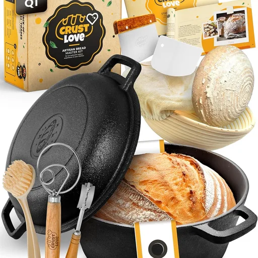 CRUSTLOVE Cast Iron Dutch Oven for Bread Baking - incl. Sourdough Bread-Baking Supplies like Banneton Bread-Proofing Basket - 5QT Bread-Oven with Lid Bread-Making Kit Pan, Pot, Sour Sough Tools, Lame