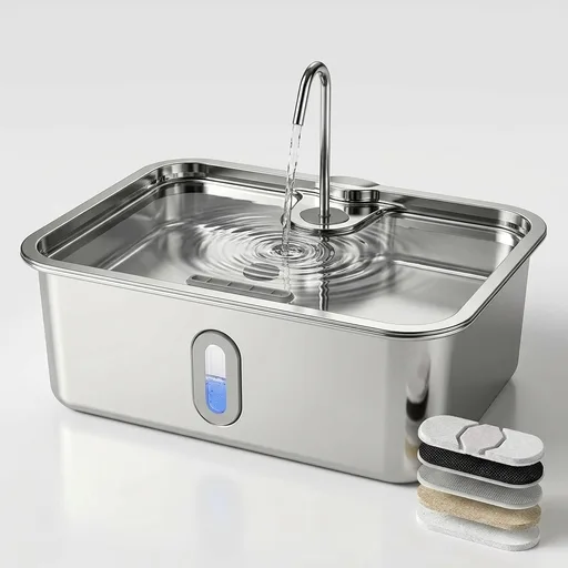 15L/4Gal Stainless Steel Dog Water Fountion Pet Fountain,1Set Filter | Ultra Quiet,Extra Large Capacity,5 Layer Filtration System,Water Level Window & LED Light, ,Visible Faucet Style Spout