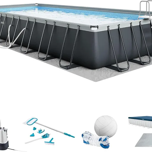 INTEX Ultra XTR 32 ft x 16 ft 52 in Above Ground Pool Set, Rectangular Swimming Pool with Sand Pump, Saltwater System, Maintenance Kit, & Volleyball Game