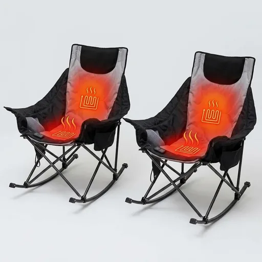 SUNNYFEEL Oversized Heated Rocking Camping Chair 2 Pack, Fully Padded Patio Chair with Side Pocket, High Back Portable Lawn Recliner with Carry Bag, Outdoor Rocker Chair for Adults Heavy Duty 500 LBS