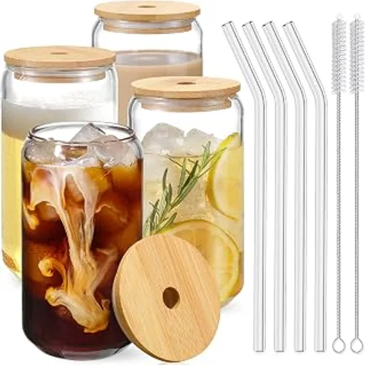 Drinking Glasses with Bamboo Lids and Glass Straw 4pcs Set - 16oz Glass Cups, Iced Coffee Glasses, Cute iced Tea Glasses, Beer Glasses, Ideal for Coffee Bar Acc