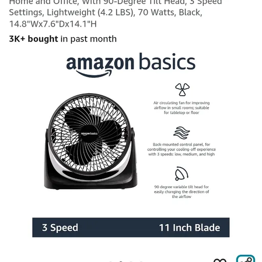 Amazon Basics Air Circulator Fan, Desk Fan for Bedroom, Home and Office, With 90-Degree Tilt Head, 3 Speed Settings, Lightweight (4.2 LBS), 70 Watts, Black, 14.8"Wx7.6"Dx14.1"H