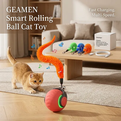 Geamen Interactive Cat Toys with Bird Sounds & 3 Speed Modes, Rechargeable Automatic Moving Cat Toy with 3 Tails, Fast Charging Smart Rolling Ball for Indoor Cats to Chase Play on Hard Floor Carpet