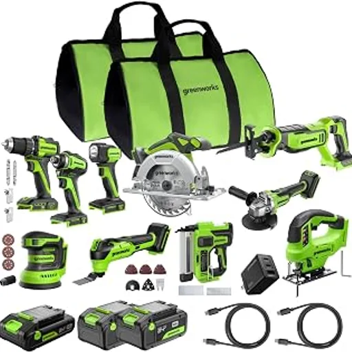 Greenworks24V Brushless 10PC TOOL, Drill+Impact Driver+Circular Saw+Recip Saw+Jig Saw+Sander+Light+Multi-Tool+Nailer+Grinder (2) 4.0Ah+2.0Ah Batteries (24,000mA