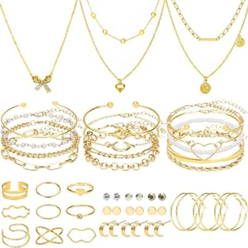 NEWITIN49 Pieces Gold Jewelry Set for Women Fashion Costume Jewelry Gold Plated Necklace Bracelet Ring Earrings Set for Women