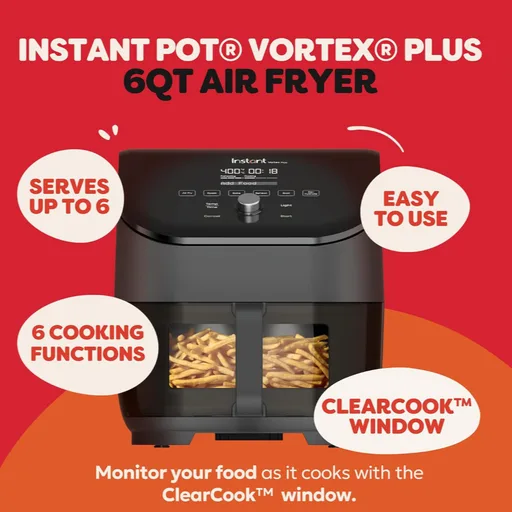 Instant Pot Vortex Plus Clear 6QT Cook Air Fryer, Clear Windows, Custom Program Options, 6-in-1 Functions, Crisps, Broils, Roasts, Dehydrates, Bakes, Reheats, from the Makers of Instant Pot, Black