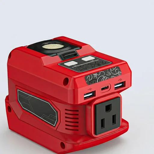 220W Azocek Power Inverter Compatible with Milwaukee 18V Battery, DC 18V to AC 110V Portable Power Station with 1 AC Outlet, 2 USB Ports & 1 Type-C Fast Charging, 400LM LED Work Light
