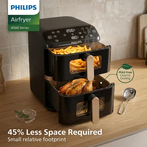 Philips Airfryer 4000 Series Stacked Dual Basket, Stacked Air Fryer with 2 Baskets, 10L, RapidAir Technology, 45% Less Space Required, PFAS Free Ceramic Coating, Viewing Window (NA462/70)