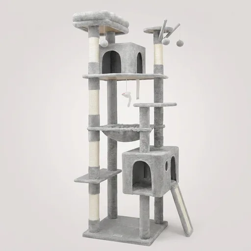 Globlazer Heavy Duty Cat Tree, 70 inch Sturdy Cat Tree for Indoor Cats Extra Large Cat Tower with Scratching Post, Hammock, Cat Condo for Adult Cats Kittens, F70 Pro, Light Grey