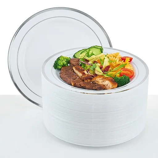 Vplus 100 Piece 10 Inch Silver Plastic Plates Disposable, Heavy Duty White Elegant Durable Dinner Plastic Party Plates with Silver Rim Perfect for Party Christmas