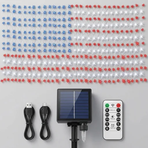 Solar American Flag Lights Outdoor, 420 LED Waterproof American Flag Net Lights 6.75FT x 3.53FT Patriotic Ornaments for Outdoor Home,Yard,Garden,Camping,Memorial Day,4th of July,Christmas Decorations