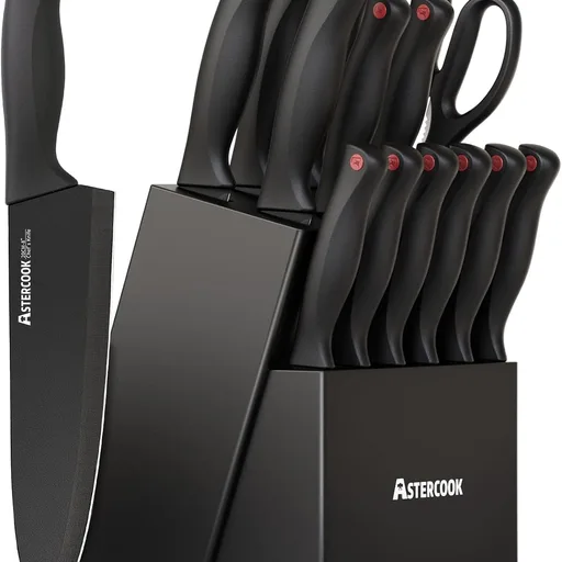 Knife Set, Astercook 15 Pieces Knife Sets for Kitchen with Block, Dishwasher Safe Kitchen Knife Set with Built in Sharpener Block, German Stainless Steel Kitchen Utensils Set